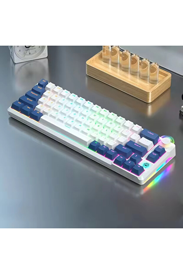 لوحة مفاتيح ميكانيكية للألعاب، 68 مفتاحًا، مفتاح أحمر/أزرق، إضاءة RGB، لغة عربية، سلكي USB Type C -RedSwitch