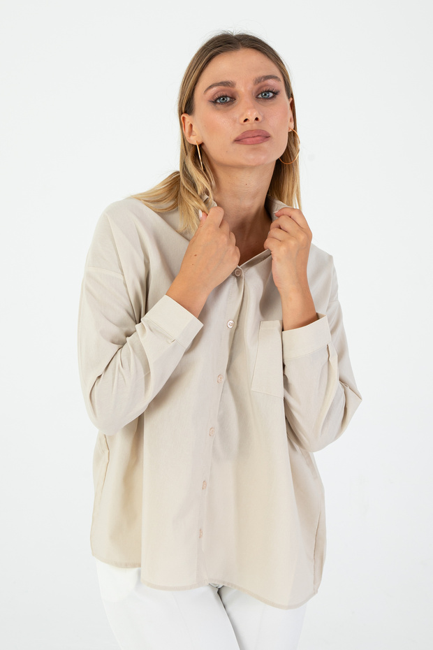 Women's Ecru Oxford Textured Fabric Relaxed Fit Pocketed Shirt Poplin - Stylish and Practical