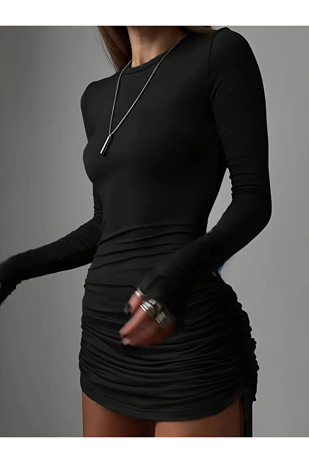 Women's Long Sleeve Stylish Drawstring Detailed Slim Mini Dress