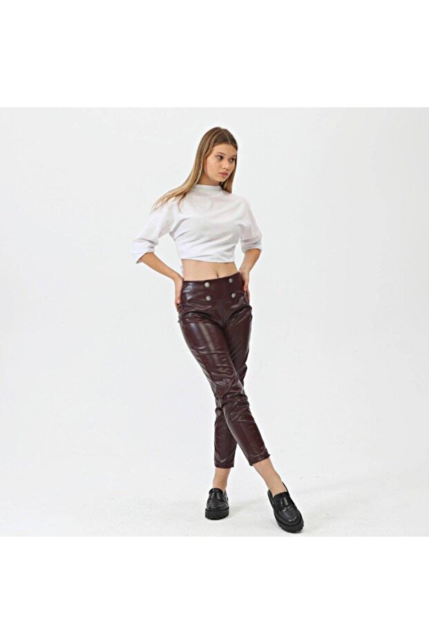 بنطلون جلدي بسحاب جانبي وأزرار - 4