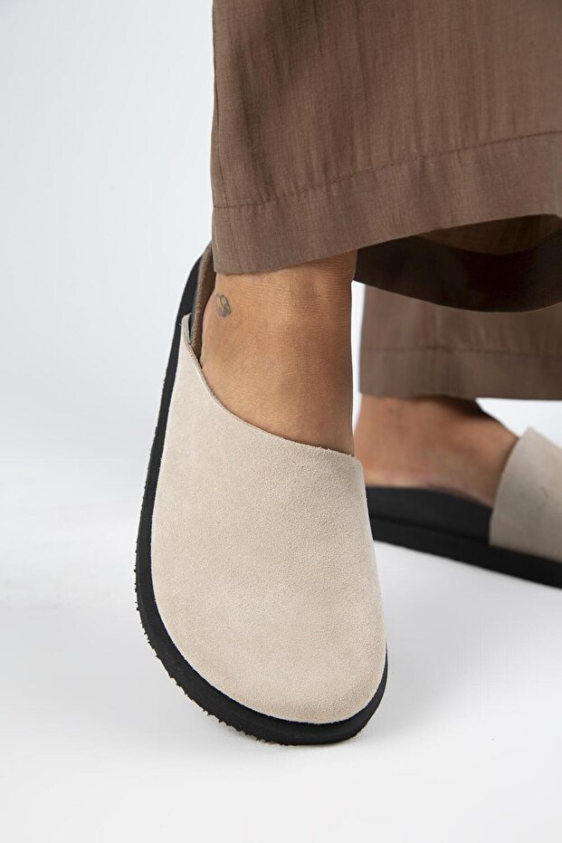 Ateshi Women's Leather Genuine Leather Flat Sabo Beige Slippers