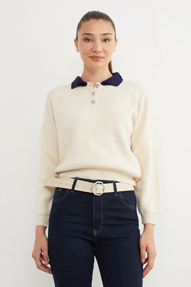 سترة تريكو أساسية بياقة بولو ونصف زر - 1