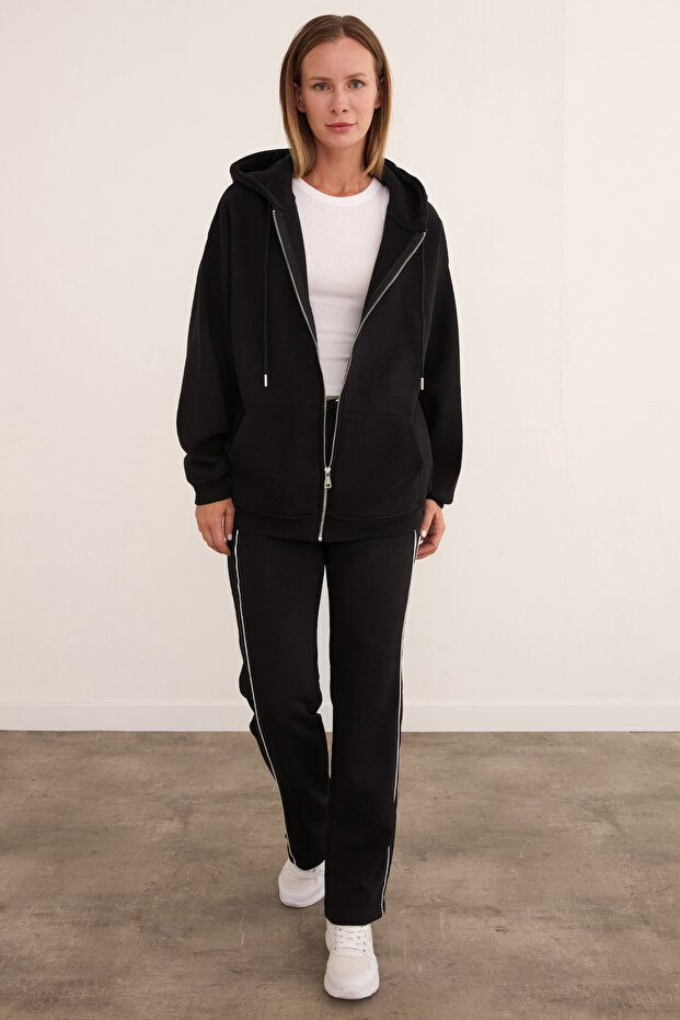 Basic Fermuarlı Kapüşonlu Oversize Sweatshirt - 6