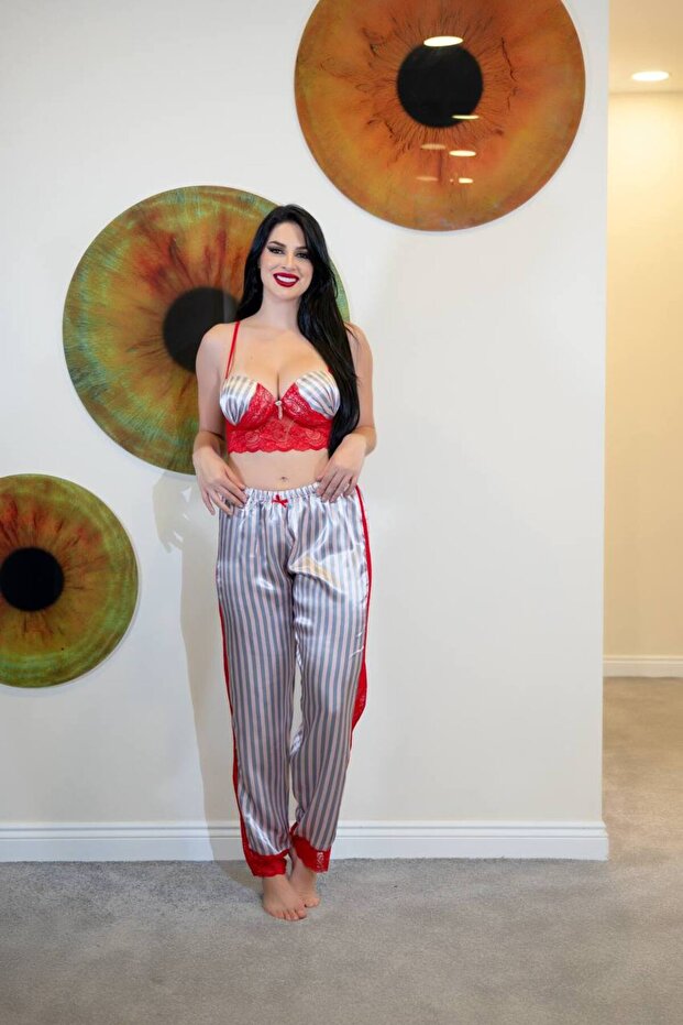 Women's 2-Piece Stripe Patterned Satin Women's Pajama Set