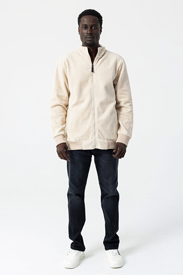 Men's Stand Collar Zippered Double Pocket Sweatshirt Beige - 25K 6083
