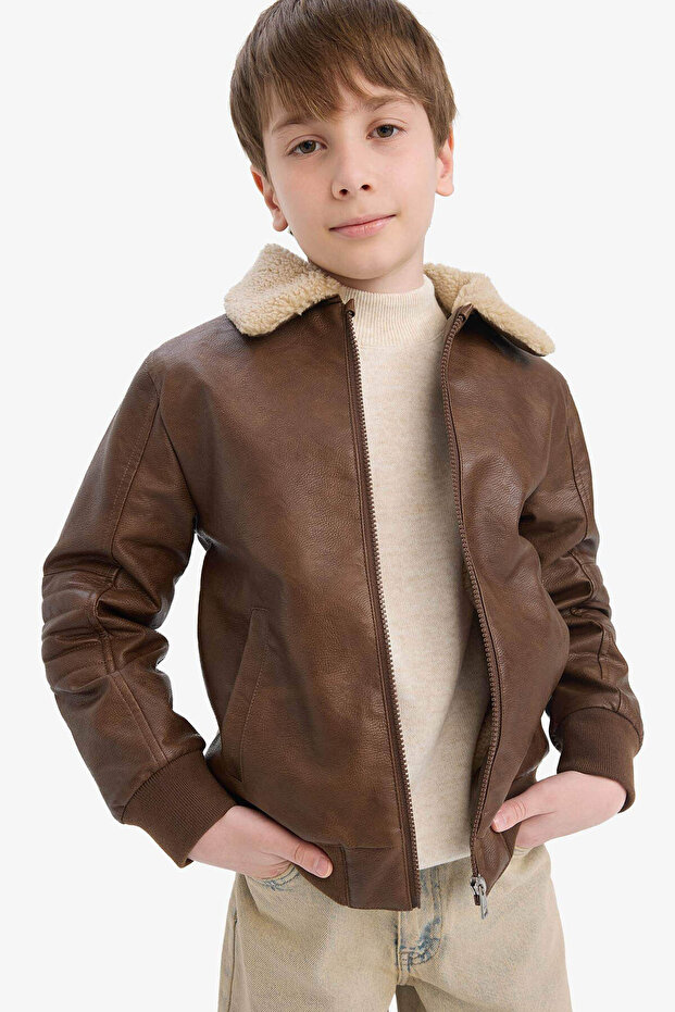 Polo Collar Plush Lining Zippered Camel Boy's Coat E7380A8/Bn380