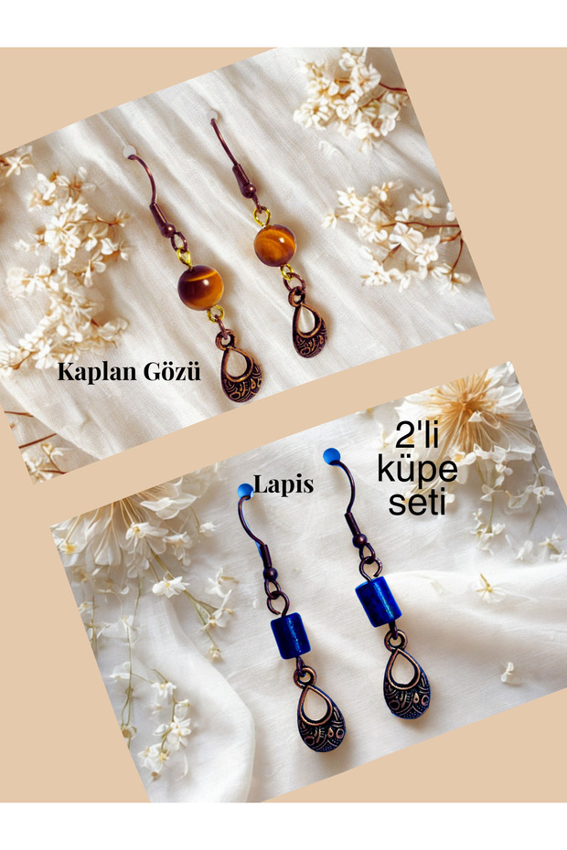 Tiger's Eye & Lapis Natural Stone Bohemian Drop Dangle, Women's 2-Piece Earring Set, Brown - Blue