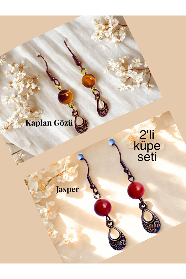 Tiger's Eye & Jasper Natural Stone Bohemian Drop Dangle, Women's 2-Piece Earring Set, Brown -Red