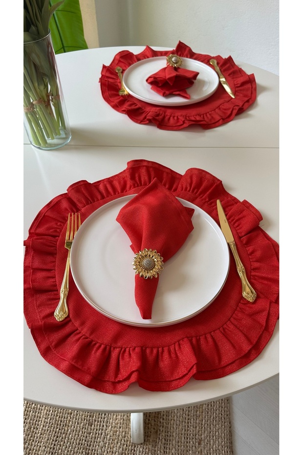 2 li Simli Kırmızı Fırfırlı Yuvarlak Amerikan Servis - 4