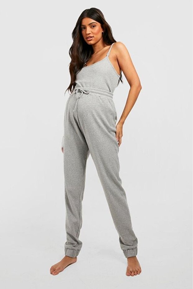Gray Camisole Breastfeeding Top and Bottom Set Special for Mothers