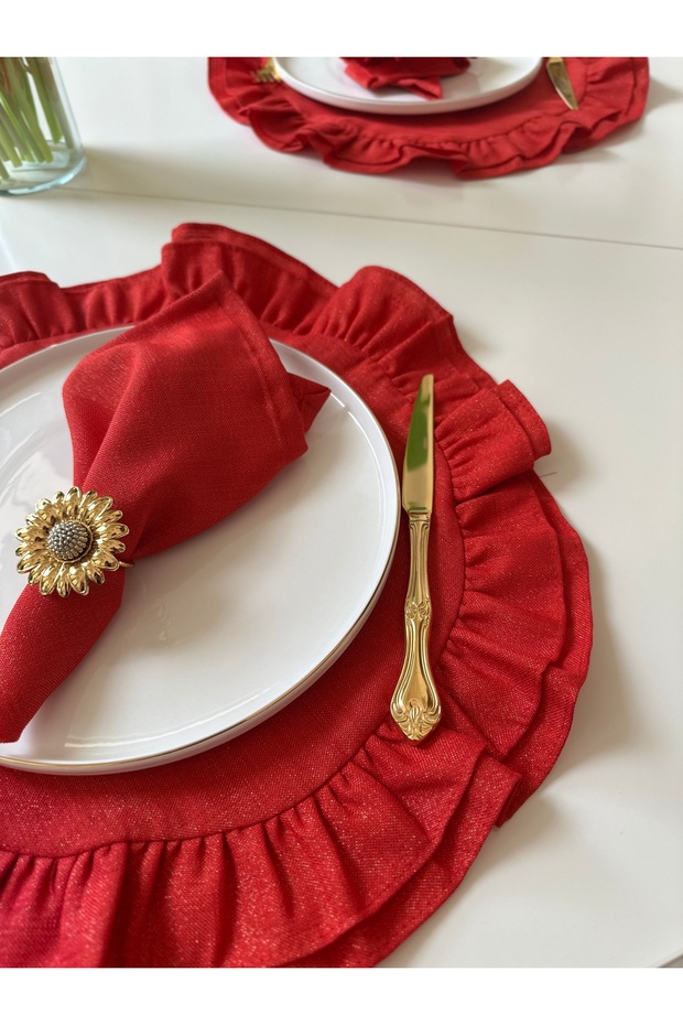 2 li Simli Kırmızı Fırfırlı Yuvarlak Amerikan Servis - 3