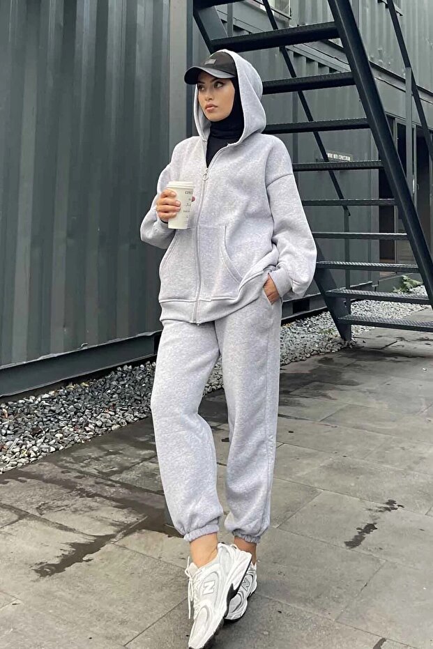 Baskısız Kışlık Hırka Eşofman Altı Alt Üst Takım - 3