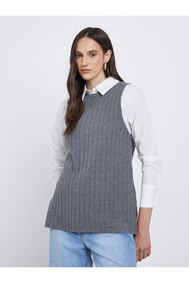 Women Charcoal Ribbed Overlay Shirt