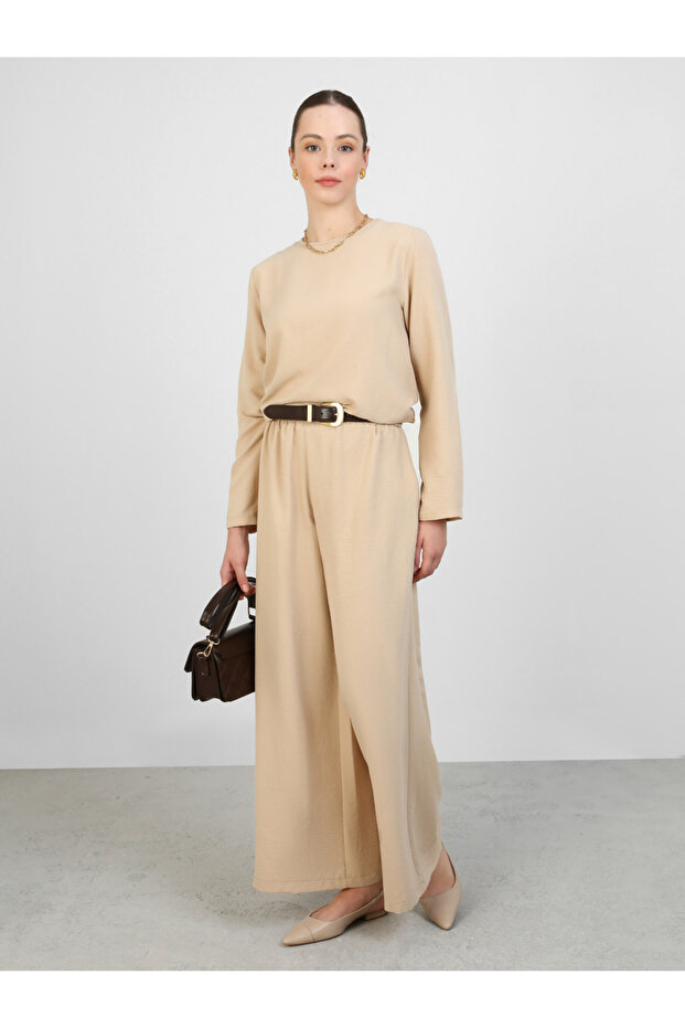 Beige Solid Round Neck Tunic and Trousers Co-Ords
