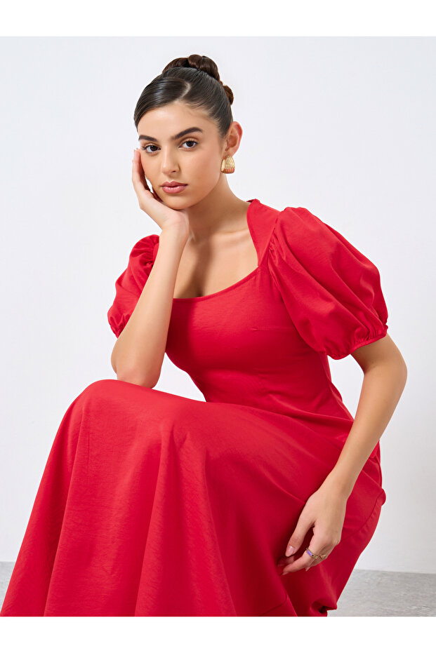 Solid Puff Sleeve Square Neck Midi Dress