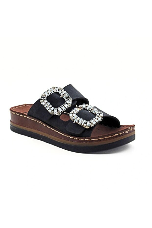 Stylish Stone Detailed Orthopedic Slippers with Double Buckle