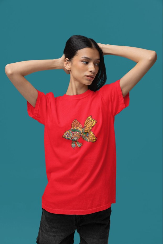 Girls/Women Colorful Fish Transfer Printed Round Neck Short Sleeve T-Shirt
