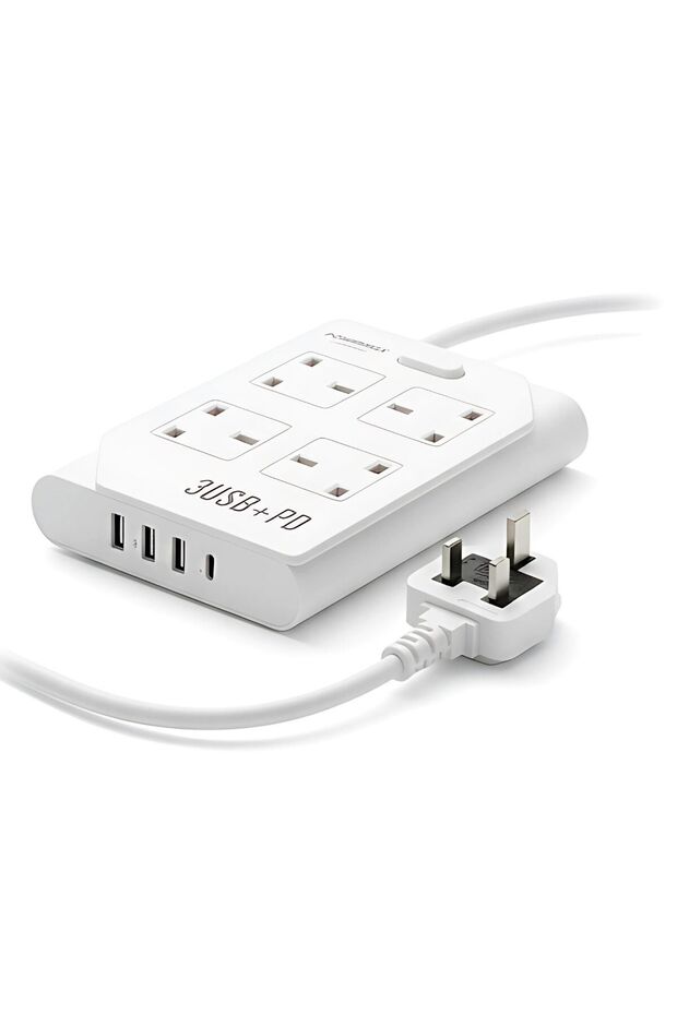 وصلة طاقة 8 في 1، شريط طاقة 2500 وات، 4 مقابس تيار متردد، 3 منافذ USB، 1 PD 10A، سلك 100-240 فولت بطول 3 أمتار - 1