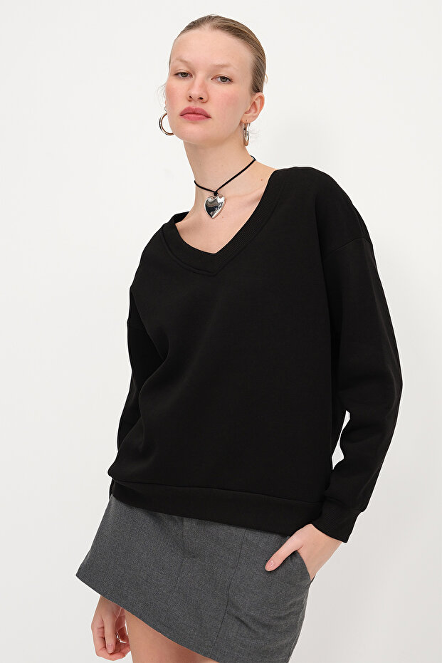 V Yaka Şardonlu Sweatshirt S12040 - 5
