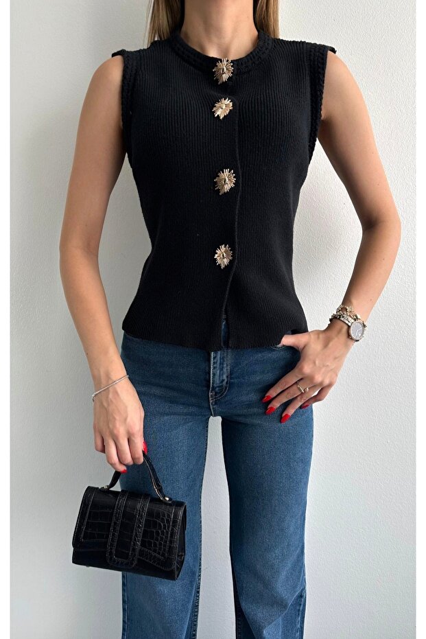 Gold Buttoned Snap Fastener Knitwear Top Vest