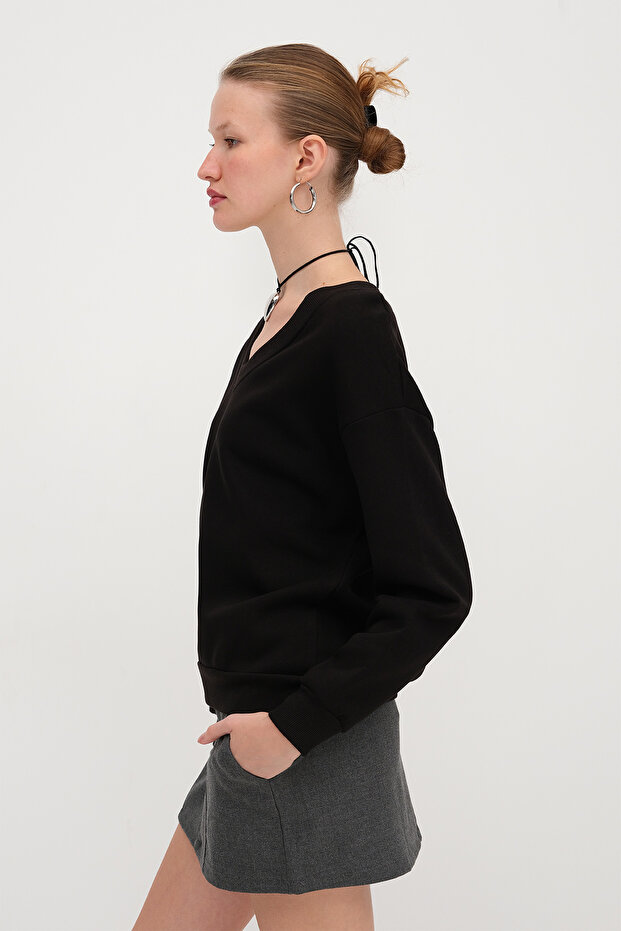 V Yaka Şardonlu Sweatshirt S12040 - 4