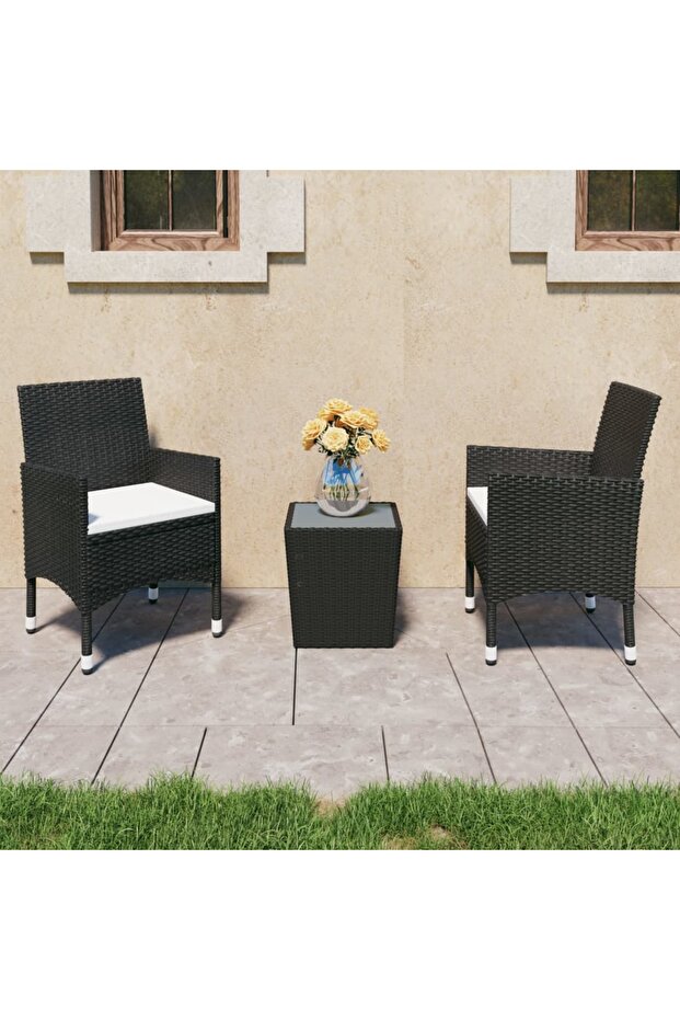 3 Piece Bistro Set Poly Rattan and Tempered Glass Black