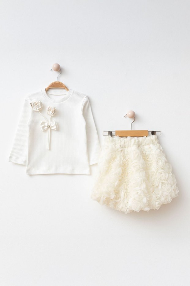My Little One's Cicileri 3D Double Rose Detailed Girls' Skirted Suit - Cream