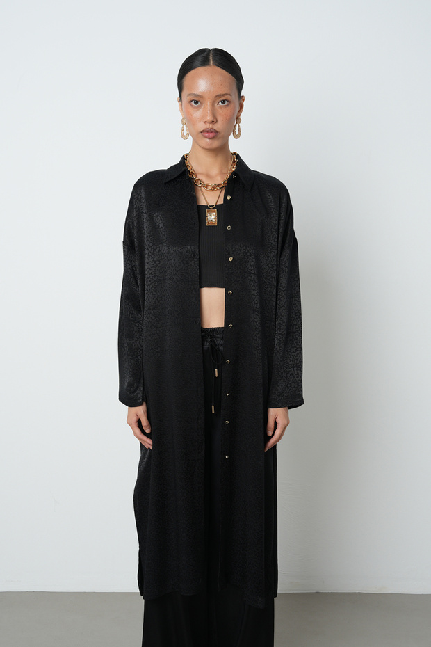 Women's Black Color Patterned Long Tunic Hijab Shirt - Dress