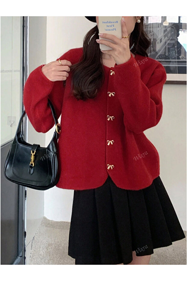 Kadın Fiyonk Düğmeli Basic Triko Hırka - 2