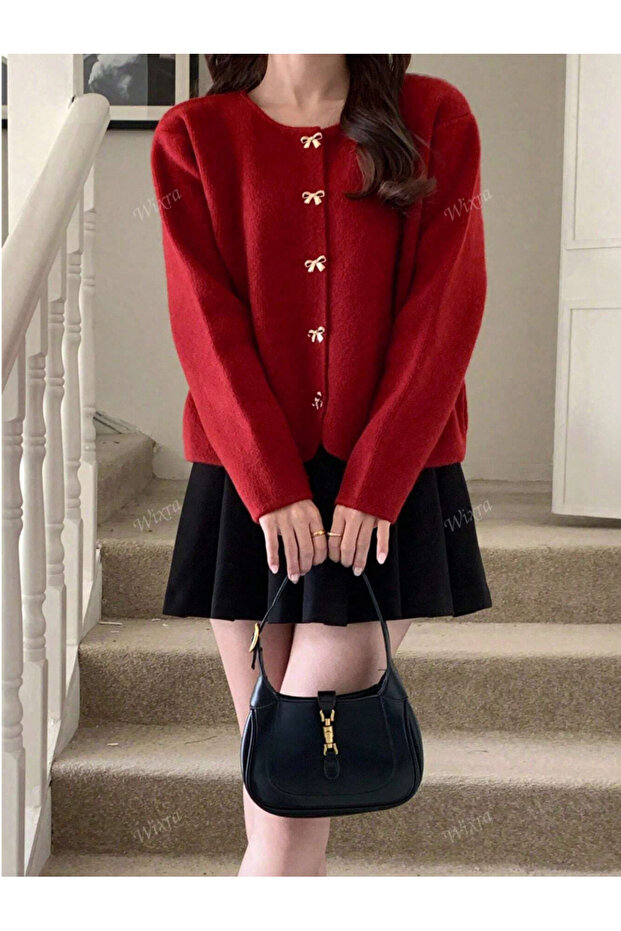 Kadın Fiyonk Düğmeli Basic Triko Hırka - 3