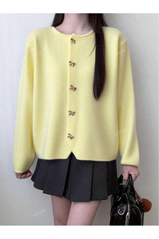 Kadın Fiyonk Düğmeli Basic Triko Hırka - 2