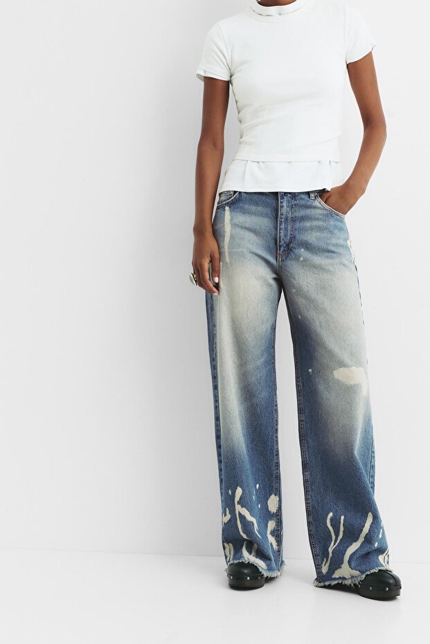 Yıkanmış görünümlü baggy jean - 5