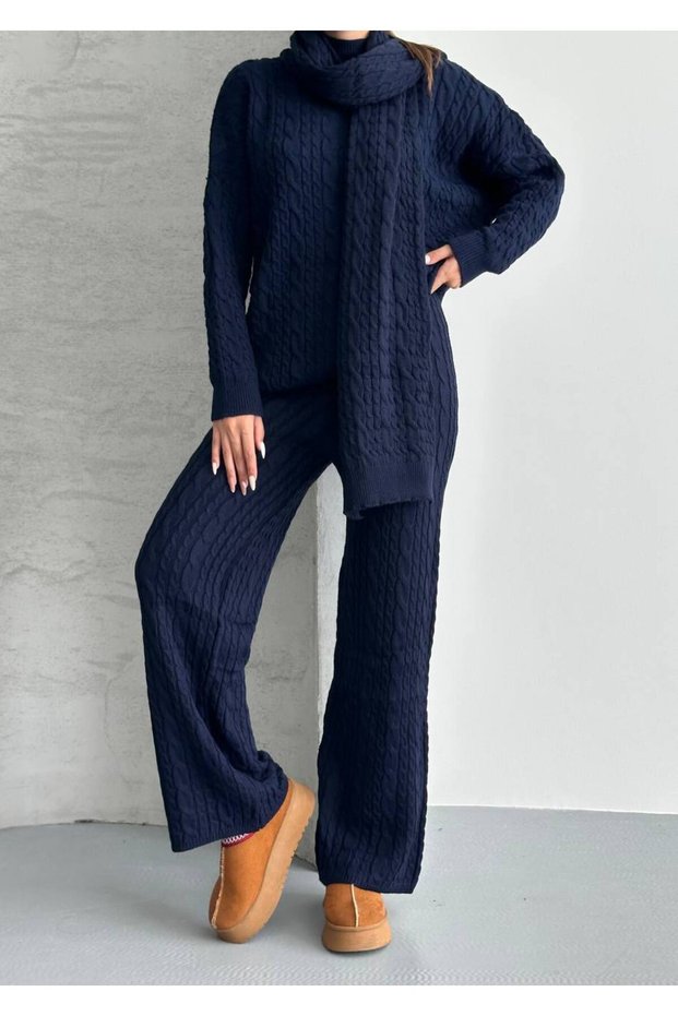 Women's Knitwear Set with Scarf, Braided Hair, Navy Blue Trousers and Top