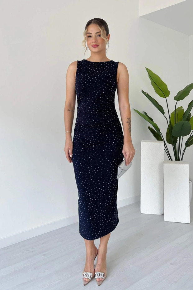 Sıfır Kol Taşlı Midi Elbise - 3