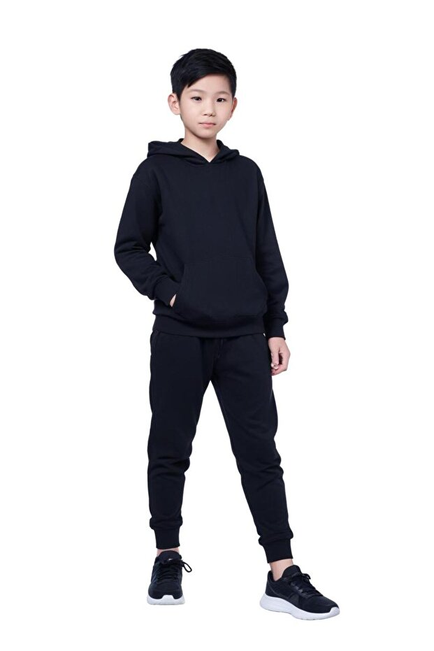 Plain Unprinted Basic Boys' Tracksuit with Hooded Kangaroo Pocket