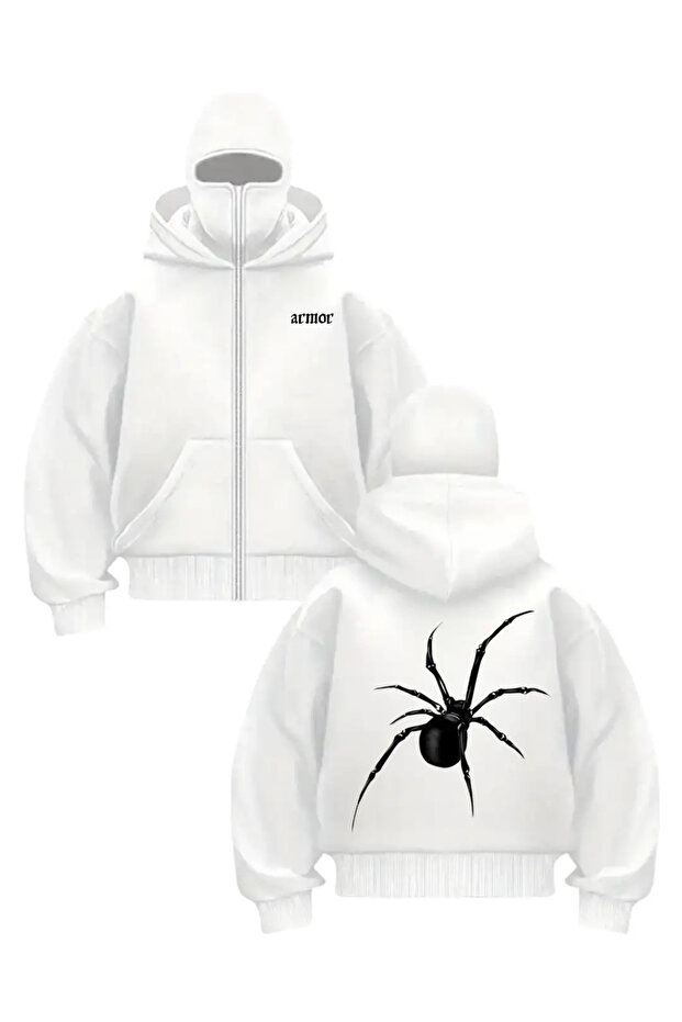 White Armor Spider Printed Balaclava Unisex Sweatshirt Cardigan