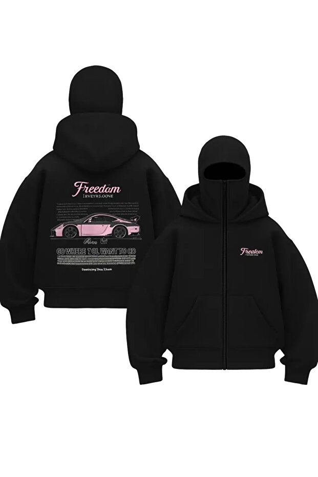 Unisex Oversize Black Freedom Car Printed Masked Hoodie