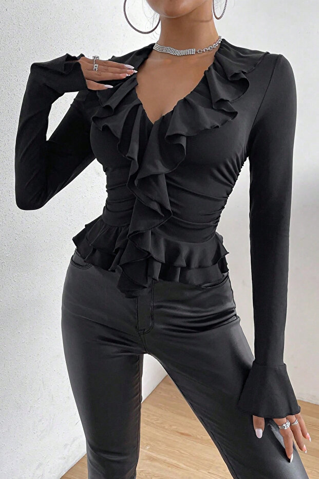 Hosszú ujjú, V-nyakú fodros blúz - 6