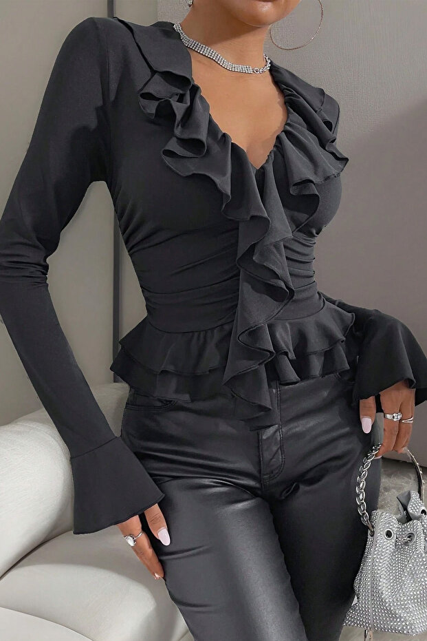 Hosszú ujjú, V-nyakú fodros blúz - 2