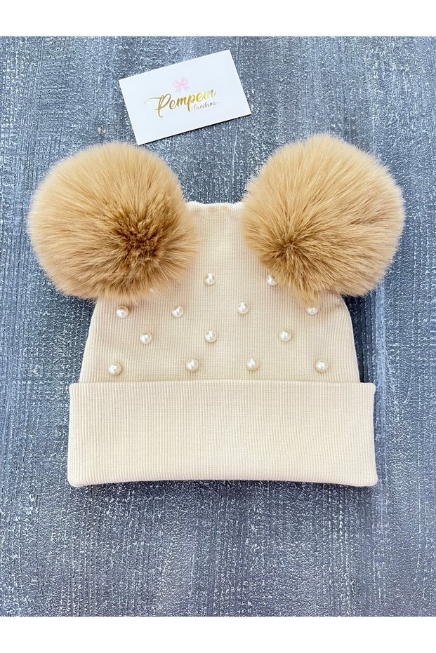 Baby Girl Children's Camisole Beret Set with Pearls and Large Plush Pompoms