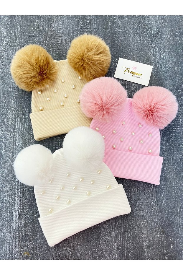 Baby Girl Children's Camisole Beret Set with Pearls and Large Plush Pompoms