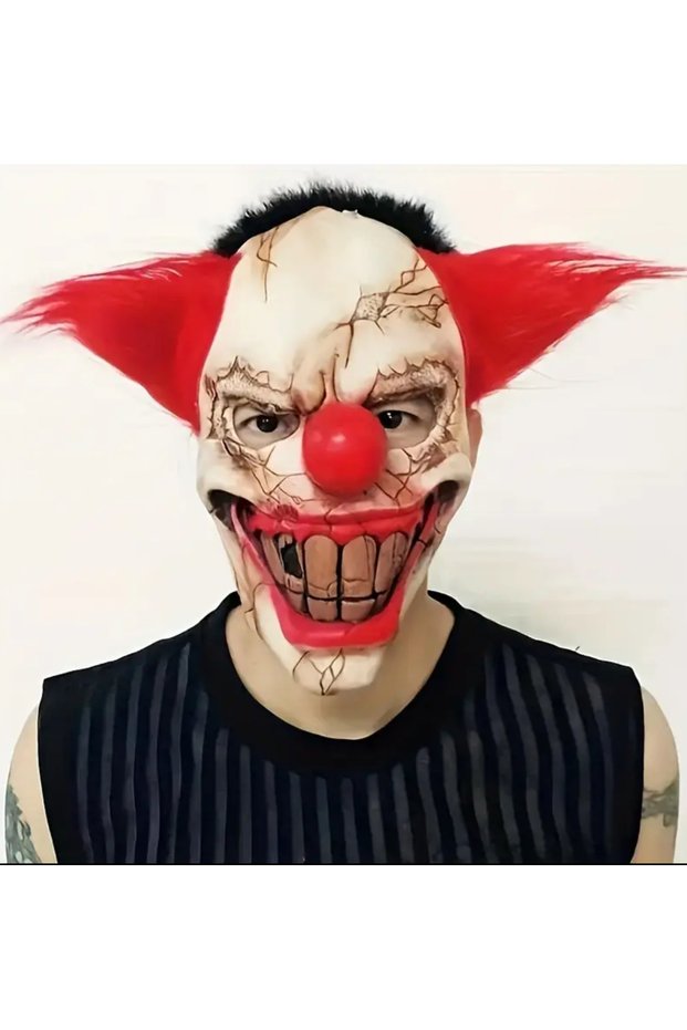Realistic Scary Clown Mask, Red Hair & Bloody Latex Horrific Mask Halloween,