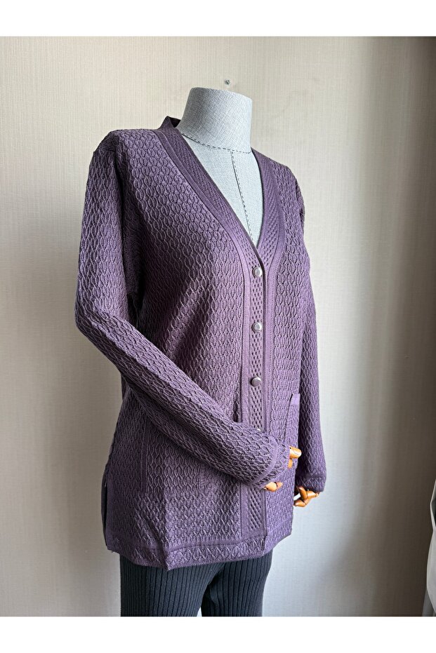 Şık Desenli TEK TRİKO Modern Anne Hırka / Lila - 6
