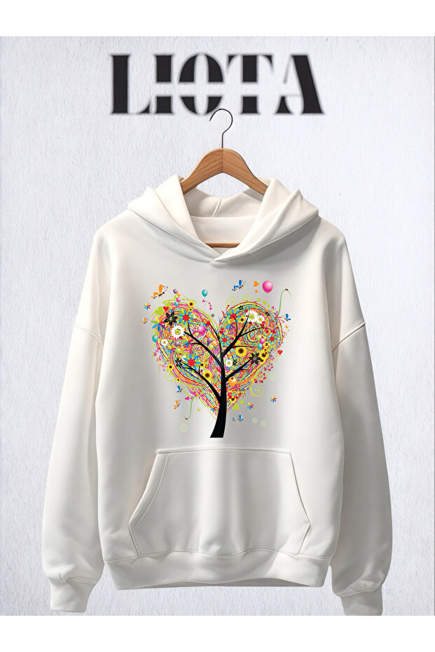 Tree Heart Printed Oversize Cotton 3 Thread Sweatshirt