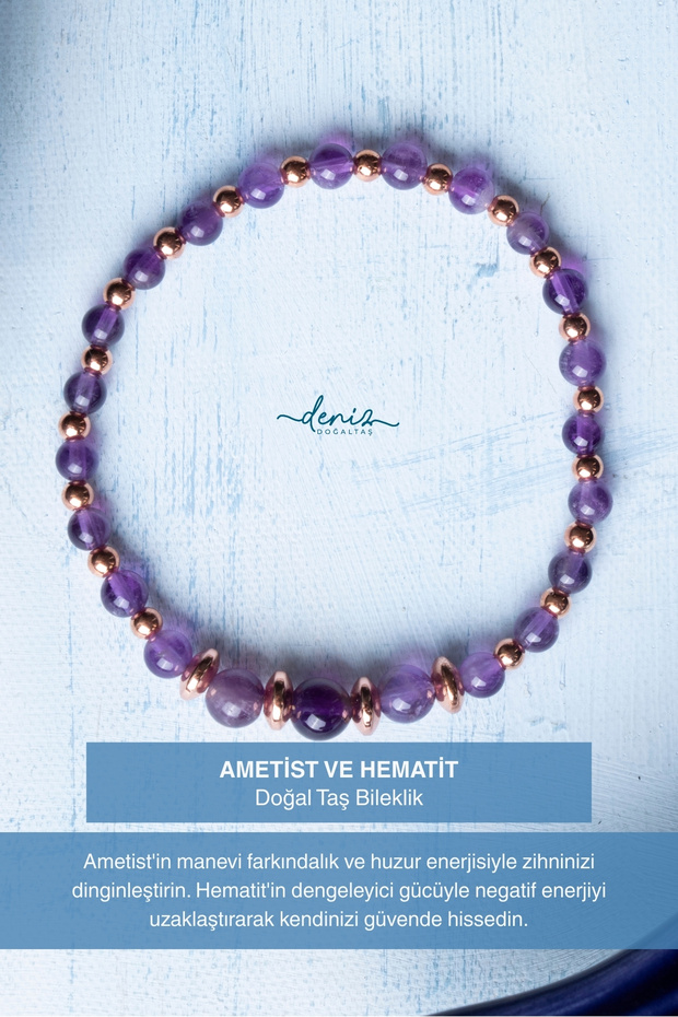 Certified Amethyst and Hematite Natural Stone Bracelet