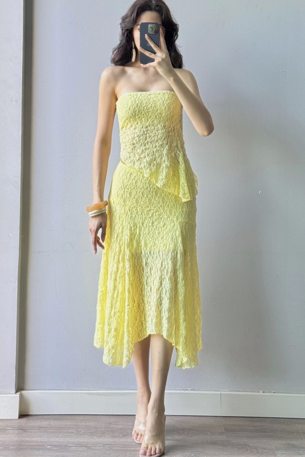 Women's Yellow Lace Crop Skirt Set 1026-221725