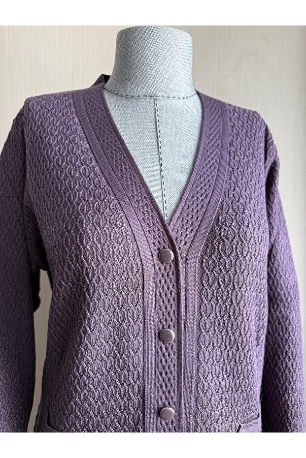 Şık Desenli TEK TRİKO Modern Anne Hırka / Lila - 3