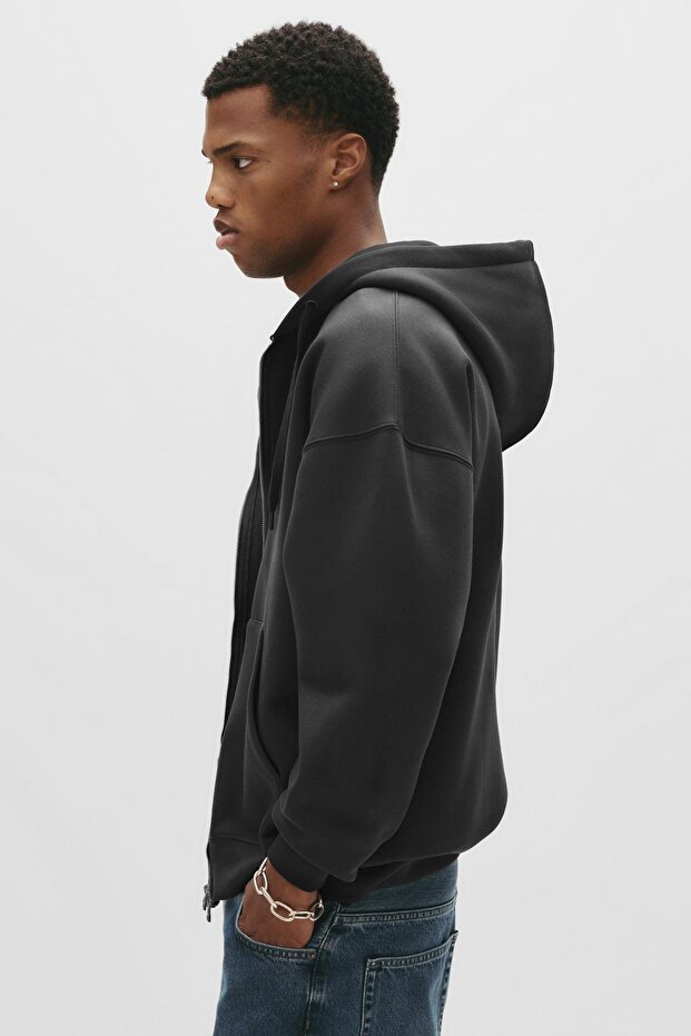 Basic kapüşonlu fermuarlı sweatshirt - 3