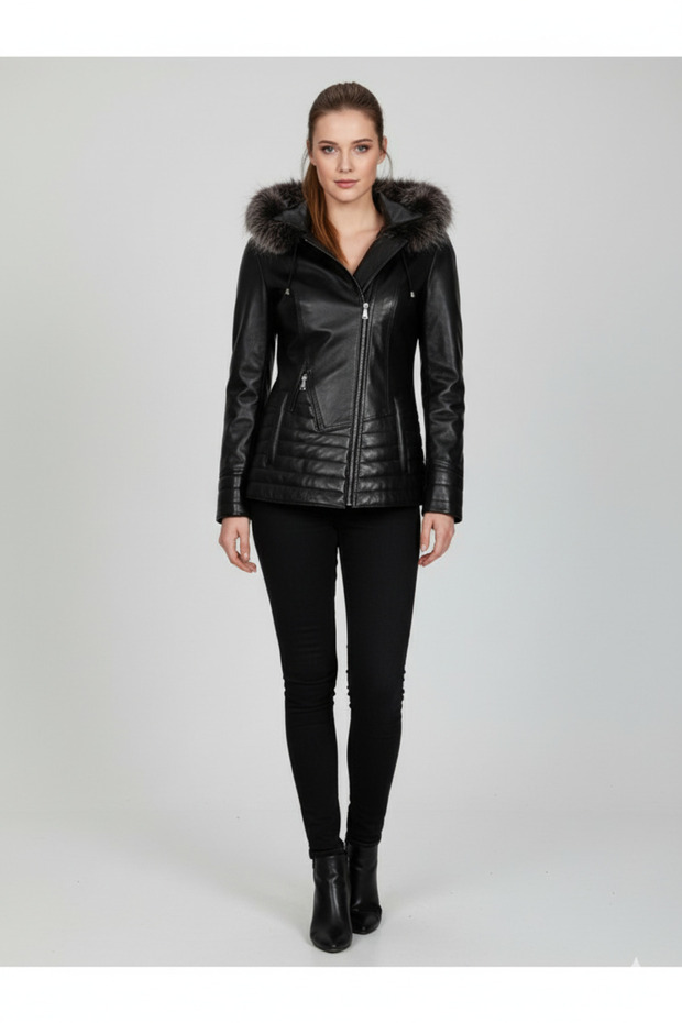 Genuine Lambskin Zippered Women's Hooded Black Jacket