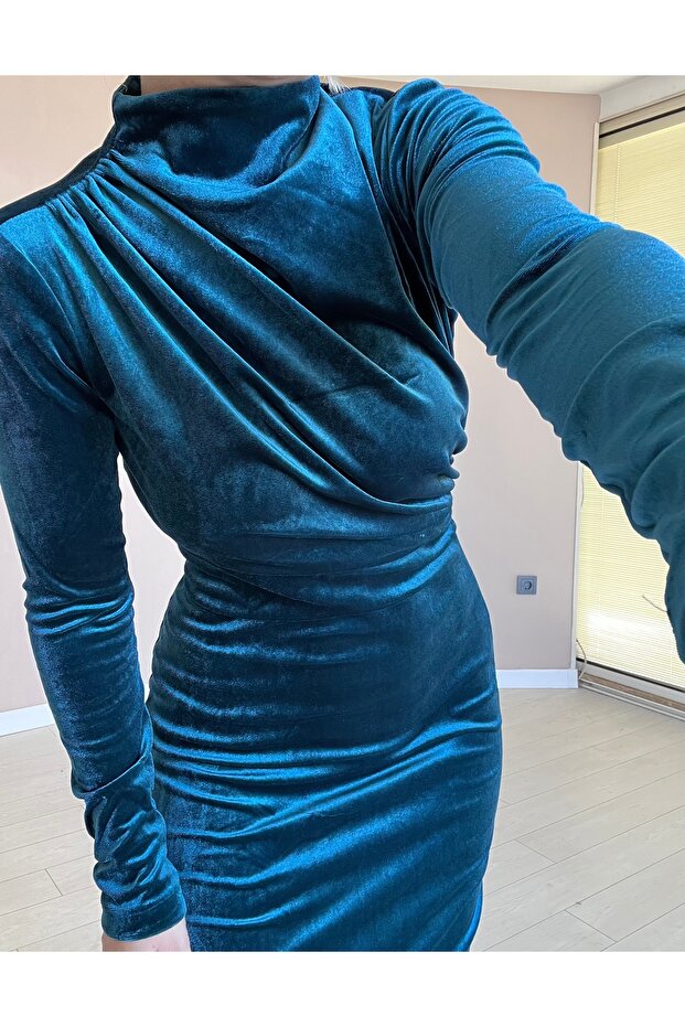 drapeli kadife şık gece elbise - 6